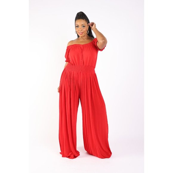 Women's Pleated off Shoulder Jumpsuit Plus Size 1X 2X 3X BLACK RED - Picture 3 of 12